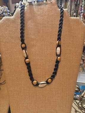 Boho Black Cord Necklace with Natural Stone And Wood Beads - Unbranded